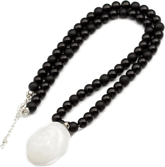 Natural Raw Tourmaline Pendant and Black Onyx Beaded Necklace