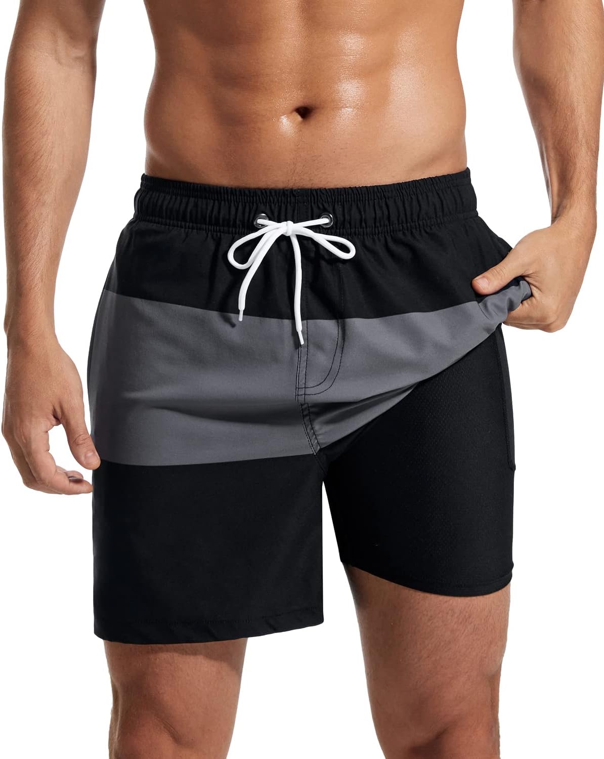 SILKWORLD Mens Swimming Trunks with Compression Liner for Comfort