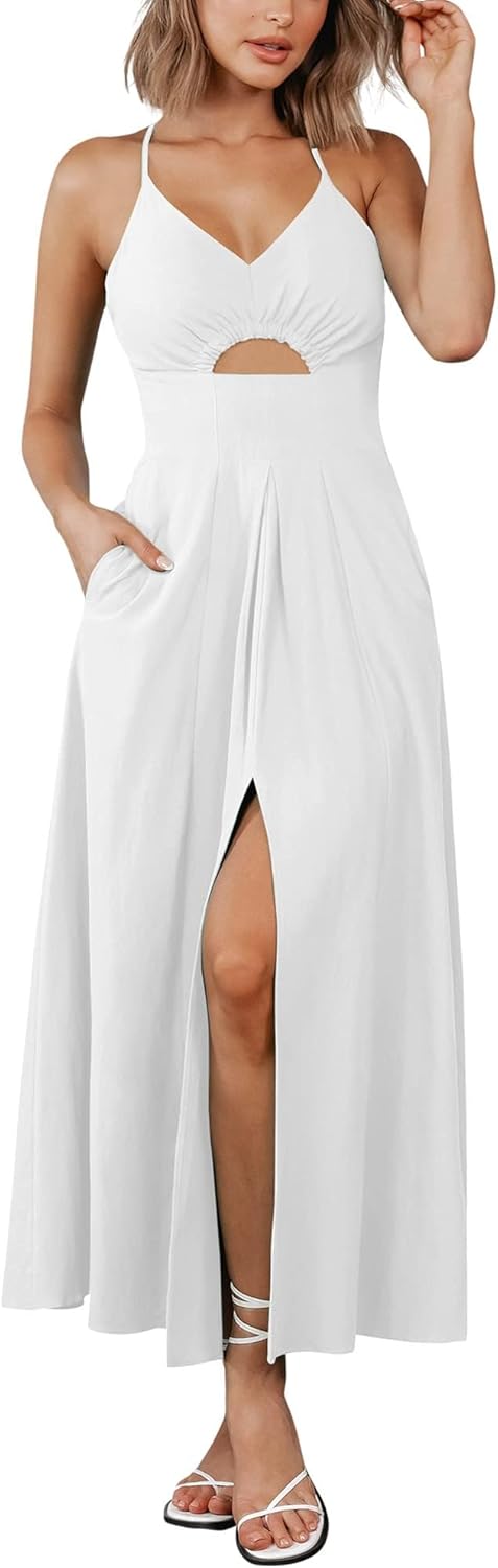 BTFBM Women Summer Spaghetti Strap Midi Dress with Pockets