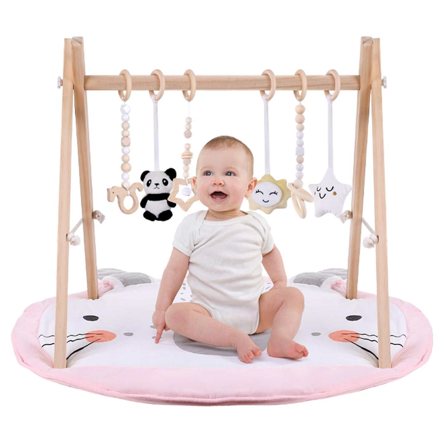 Wooden Play Gym with Mat for Infants - Fun Baby Activity Toy