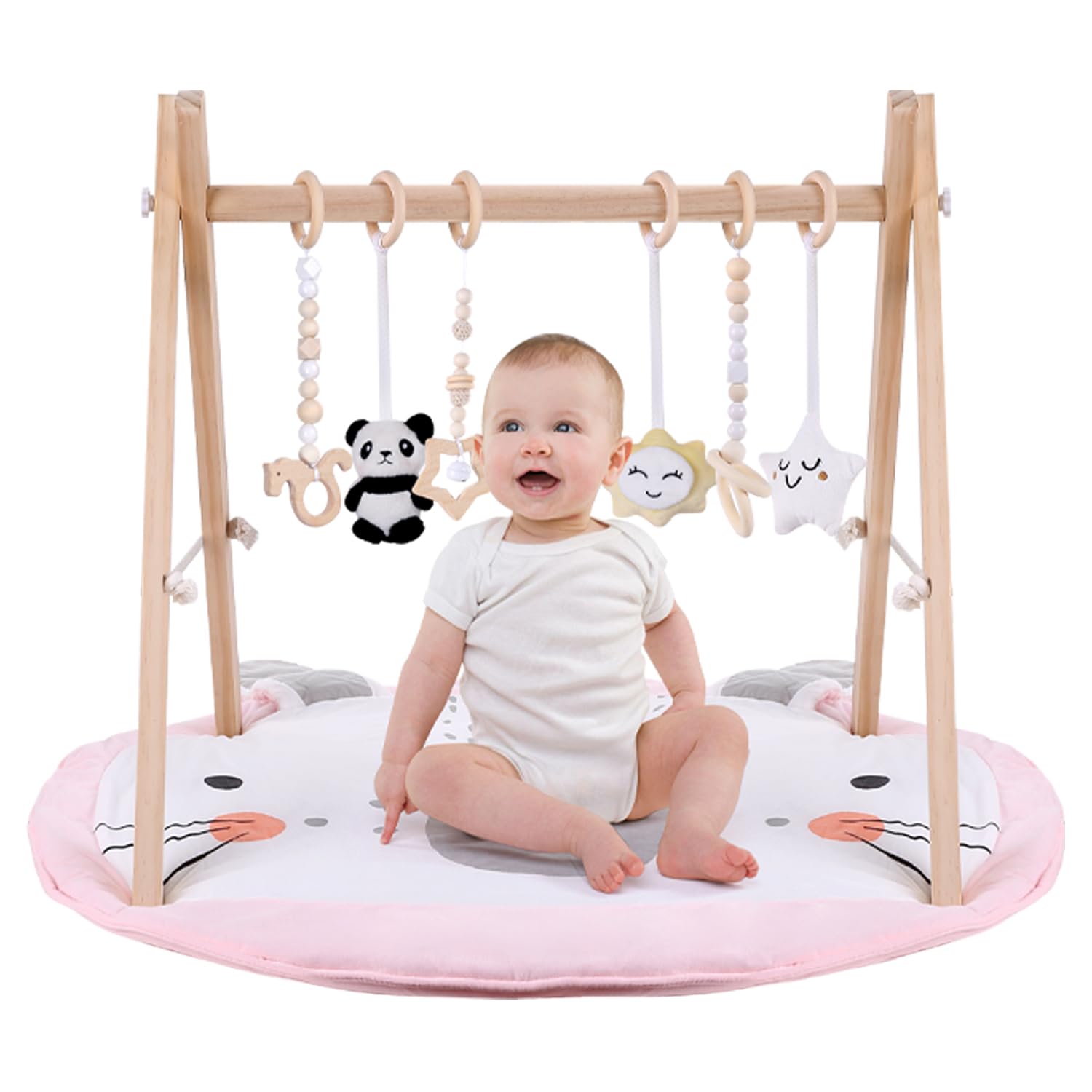 Wooden Play Gym with Mat for Infants - Fun Baby Activity Toy