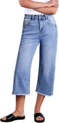 Women's High Waisted Capri Wide Leg Jeans - Raw Hem Comfort