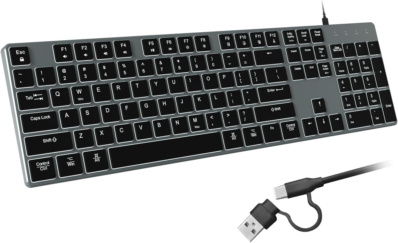 Wired Backlit Keyboard for Windows/Mac - Slim & Quiet Design