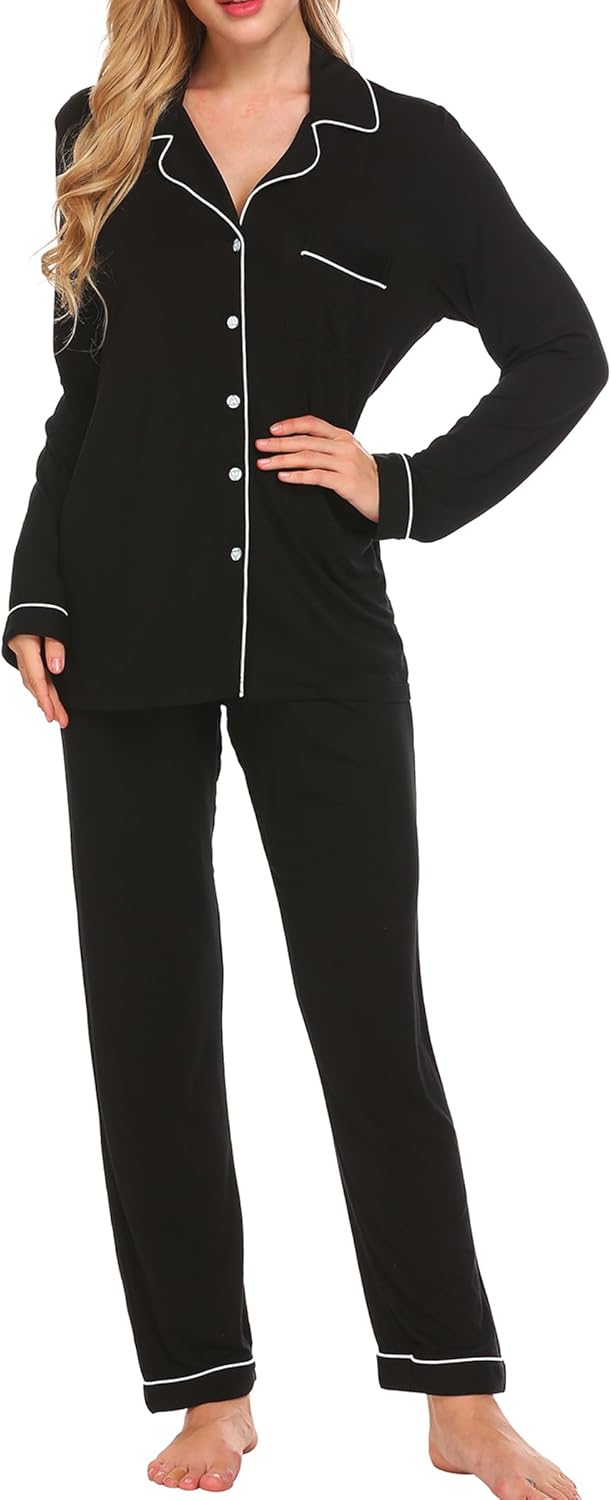 Ekouaer Pajamas Women's Long Sleeve Sleepwear Soft Button Down Set