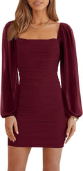 Mesh Long Sleeve Square Neck Ruched Bodycon Mini Dress - Sleek Party
