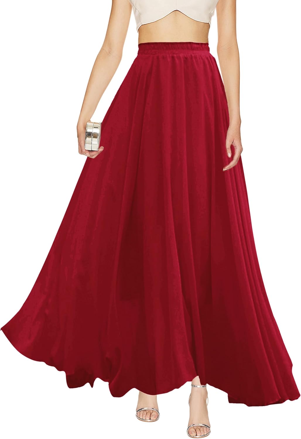 v28 Women Full Length Elastic Pleated Retro Maxi Skirt