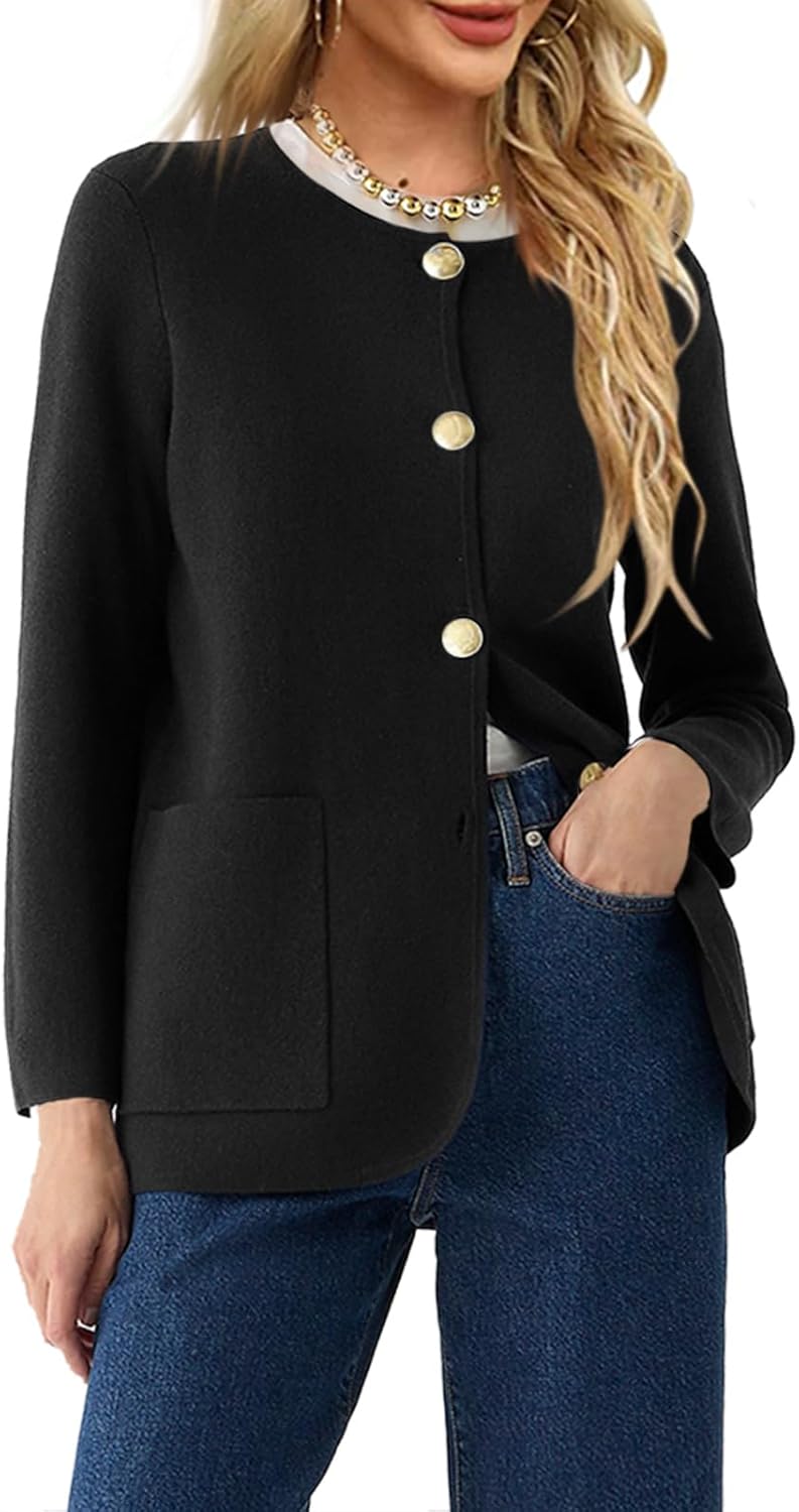 Langwyqu Womens Crew Neck Cardigan Sweater with Pockets