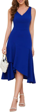 Aupuls Womens Midi Formal Dress High Low Ruffle V Neck - Flattering we