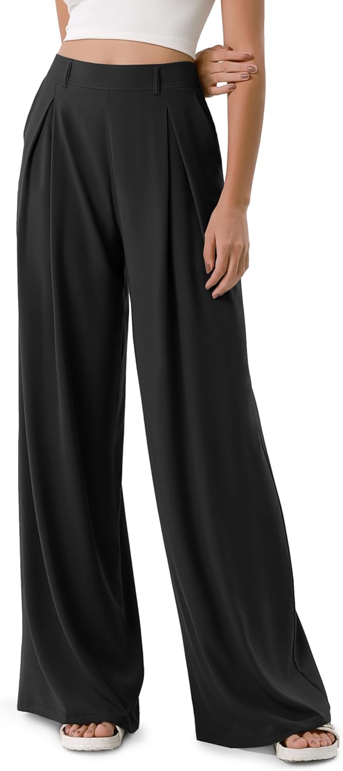 ODODOS Chiffon Flowy Pleated Wide Leg Pants for Women