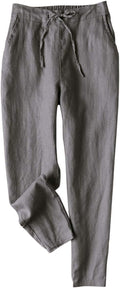 Women's Linen Tapered Pants with Drawstring Waist - Ankle Length