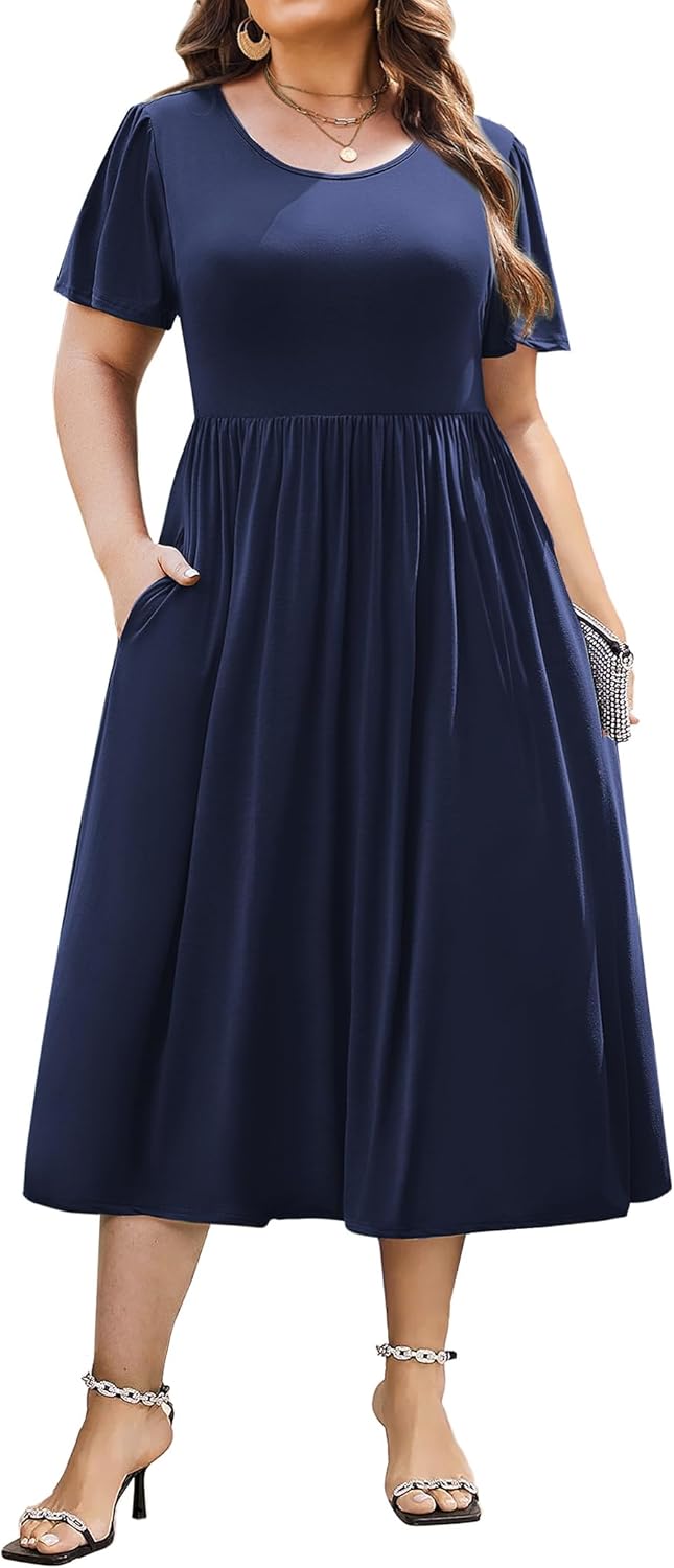 Plus Size Short Sleeve Midi Dress with Pockets for Women