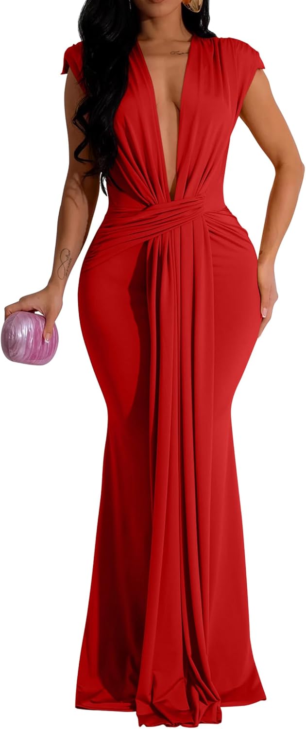 Elegant Sleeveless Deep V Neck Bodycon Maxi Dress for Women
