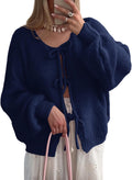 Tie Front Cardigan Sweater with Puff Sleeves - Cute Oversized Knit is