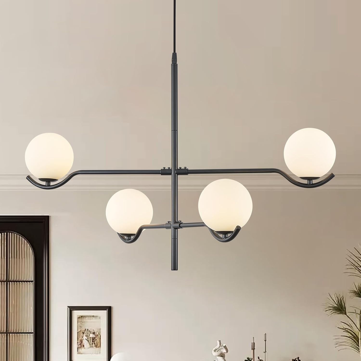 Black Sputnik Chandelier with Milk Glass Globe Shades for Home