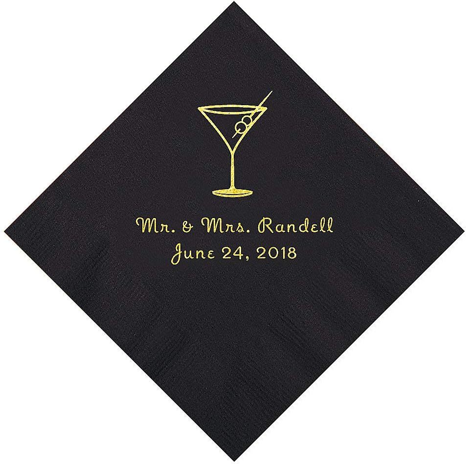 50-Piece Black Martini Glass Napkins, Personalized with Gold Foil - Fun Express