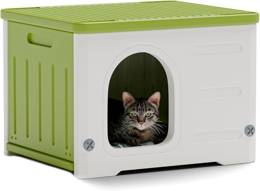 Plastic Cat House for Indoor Outdoor Use, Stackable Shelter