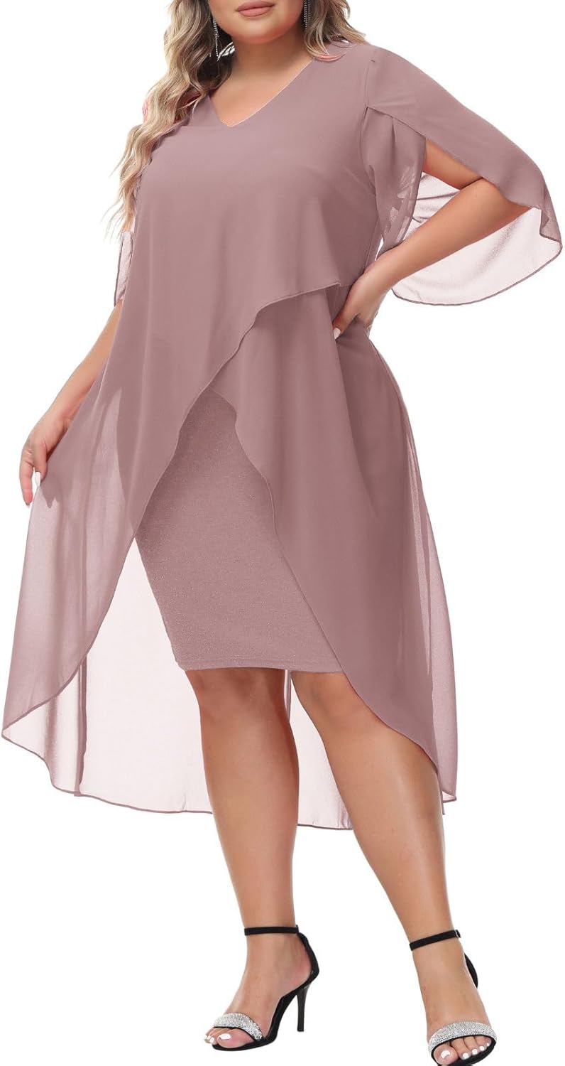 Plus Size Chiffon Cocktail Dress with Ruffle Sleeves for Parties