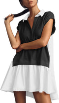 Womens Summer Sweatshirt Dress V Neck - Oversized Patchwork Mini