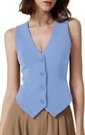 Womens V Neck Vest Top Sleeveless Button Down Crop - Chic Fit