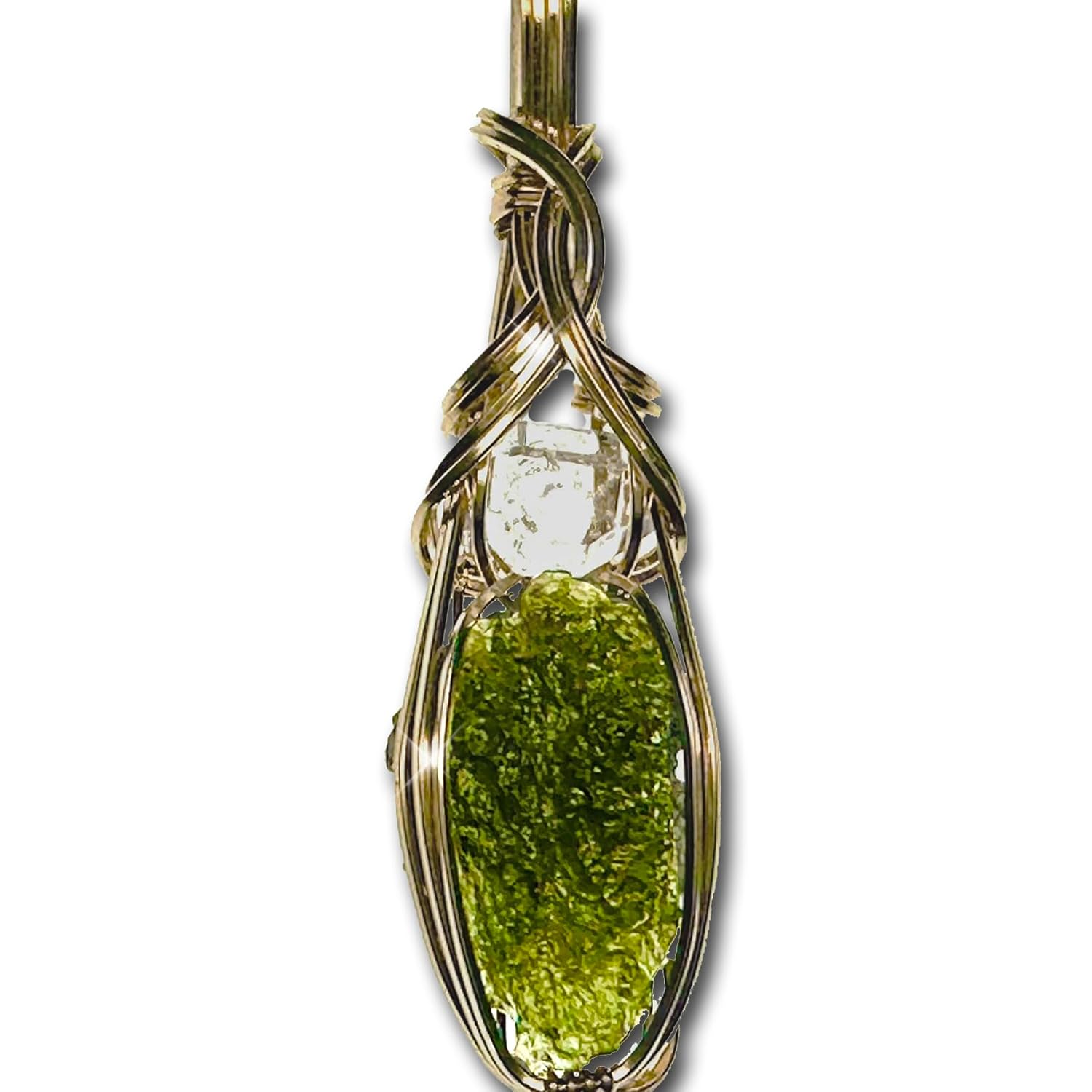 Genuine Moldavite Crystal Necklace with Herkimer Diamond Pendant
