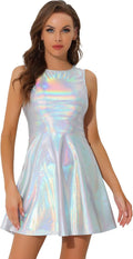 Allegra K Metallic Sleeveless High Waist Disco Holographic Dress Flare