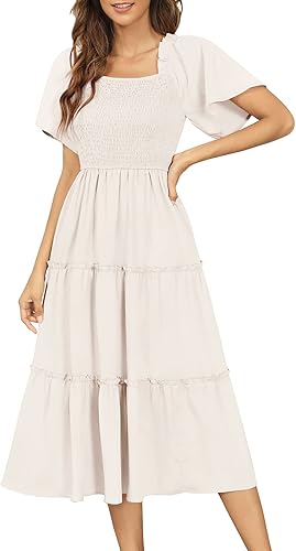 Zattcas Women's Boho Midi Dress with Flutter Sleeves and Ruffles