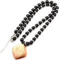 Black Stone Necklace with Natural Raw Tourmaline Pendant - Women's