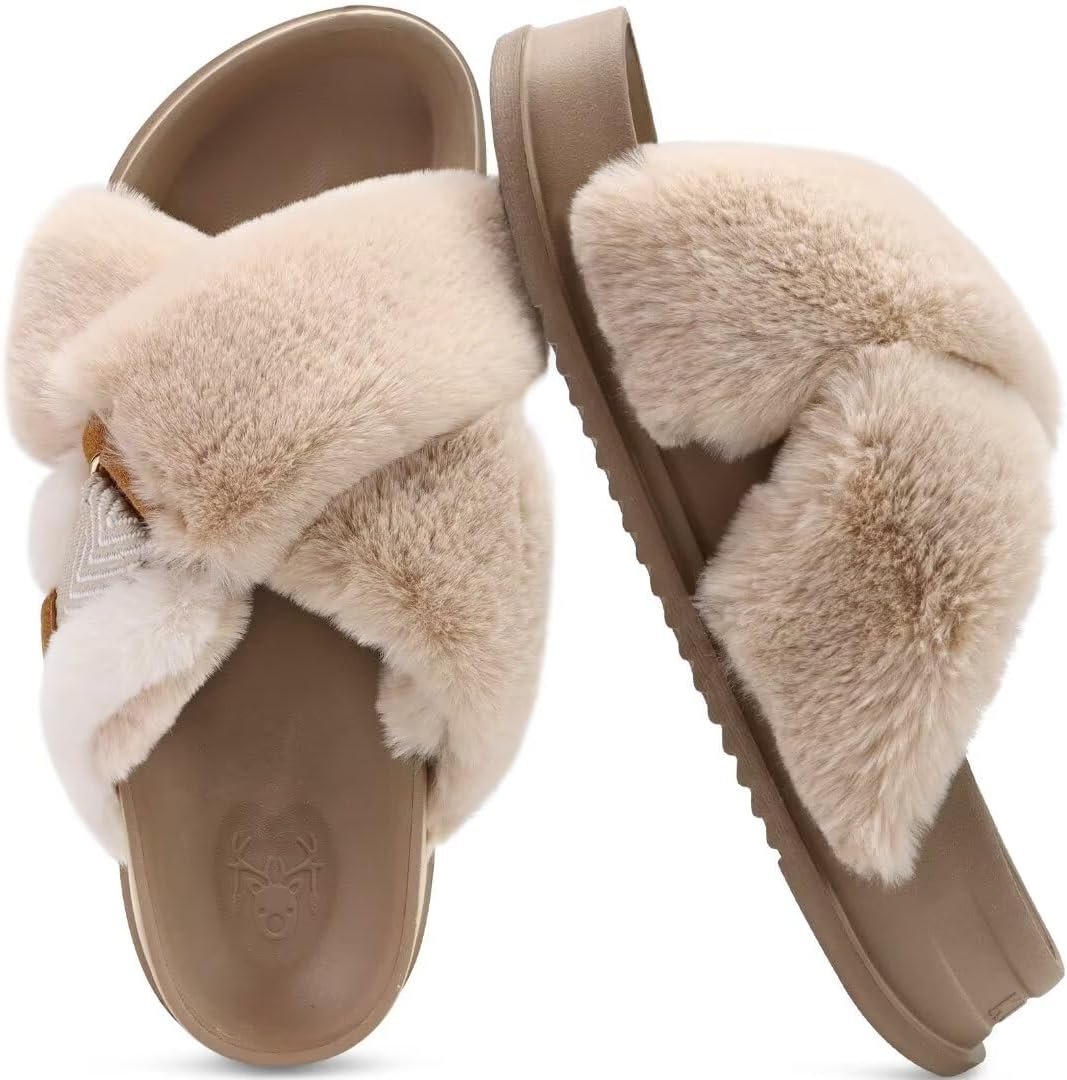 KuaiLu Women's Fuzzy Cross Band Platform Slippers for Comfort