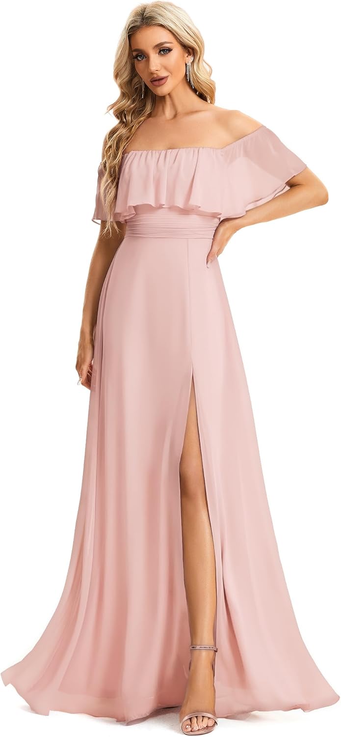 Elegant Off The Shoulder Side Split High Waist Maxi Dress