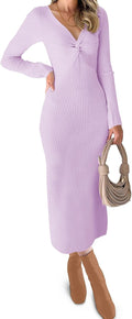 Womens Ribbed Knit Maxi Dress V Neck - Slim Bodycon Midi