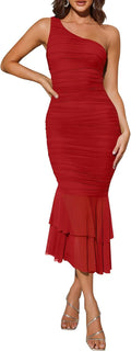 ZESICA Women's One Shoulder Mesh Ruched Midi Dress - Sleek Fit