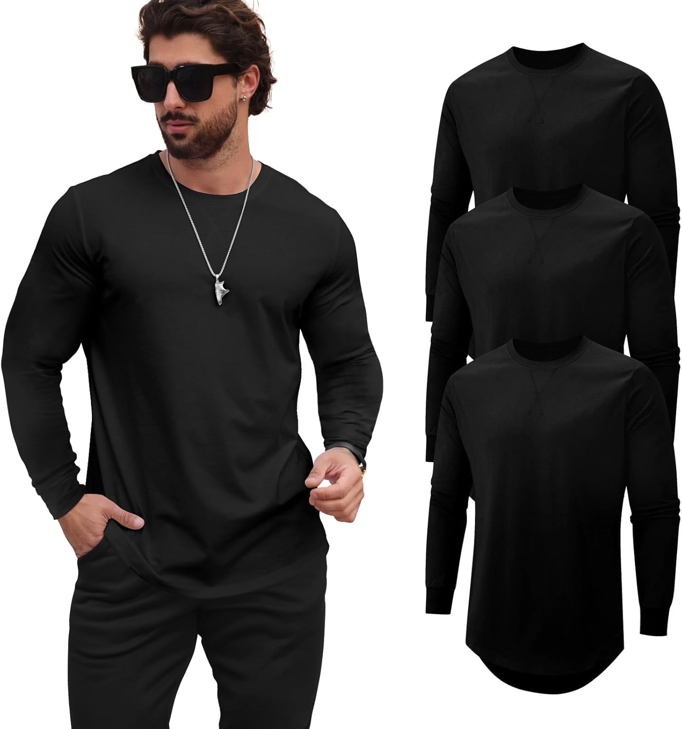 Mens Longline Crewneck T Shirts for Casual Hipster Style
