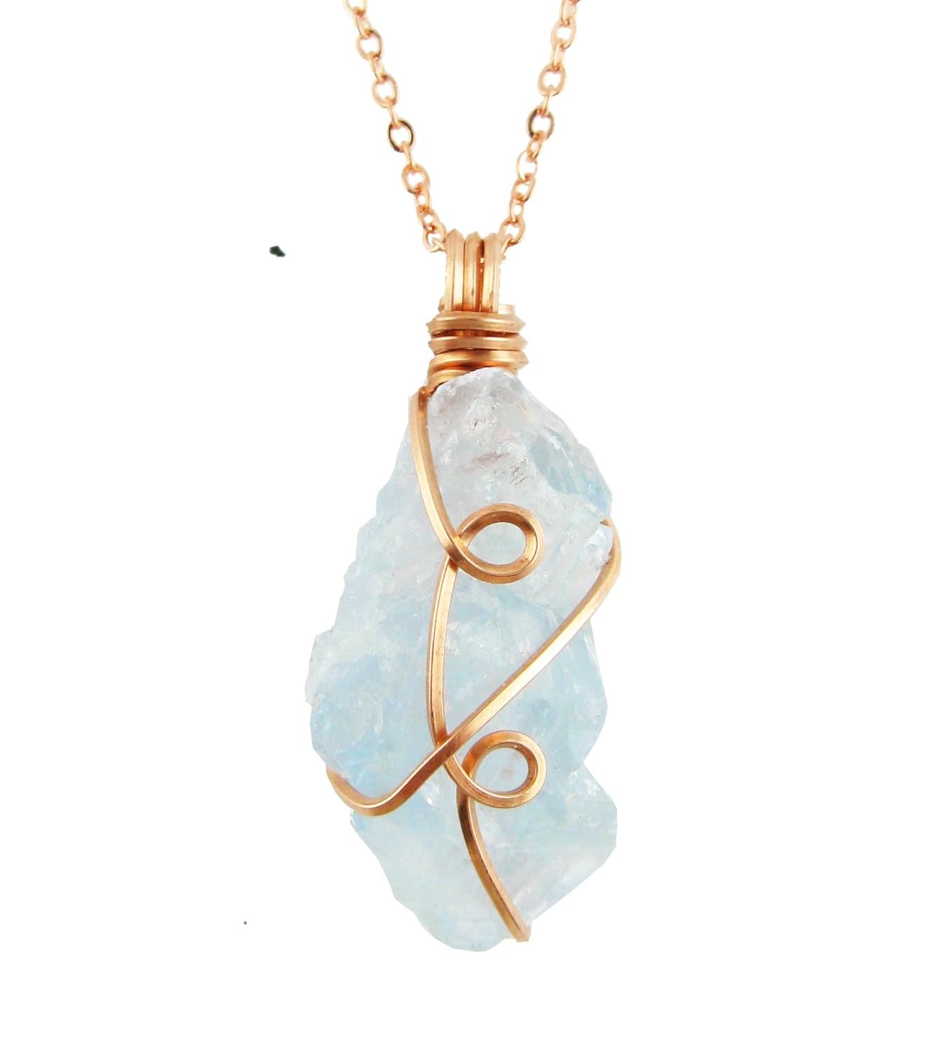 Copper Wire Wrapped Raw Blue Celestite Crystal Pendant Necklace