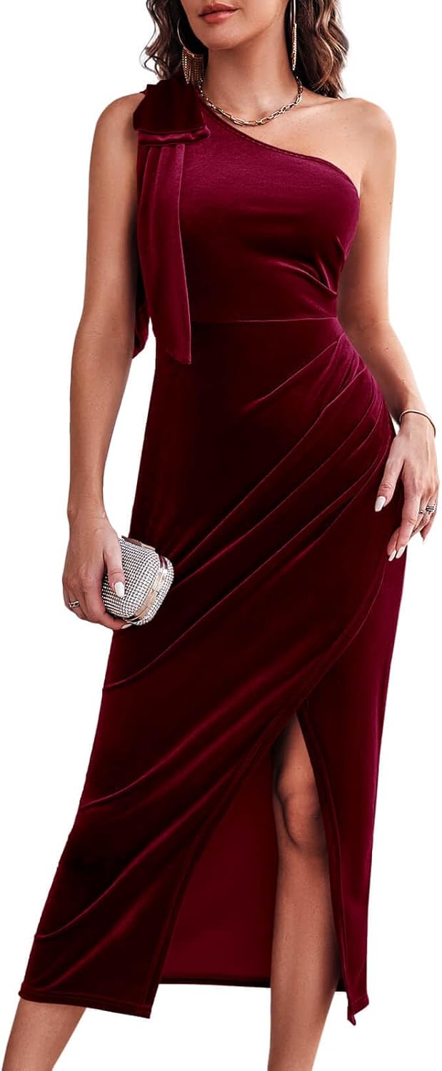 Wenrine Women's One Shoulder Velvet Dress for Elegant Occasions