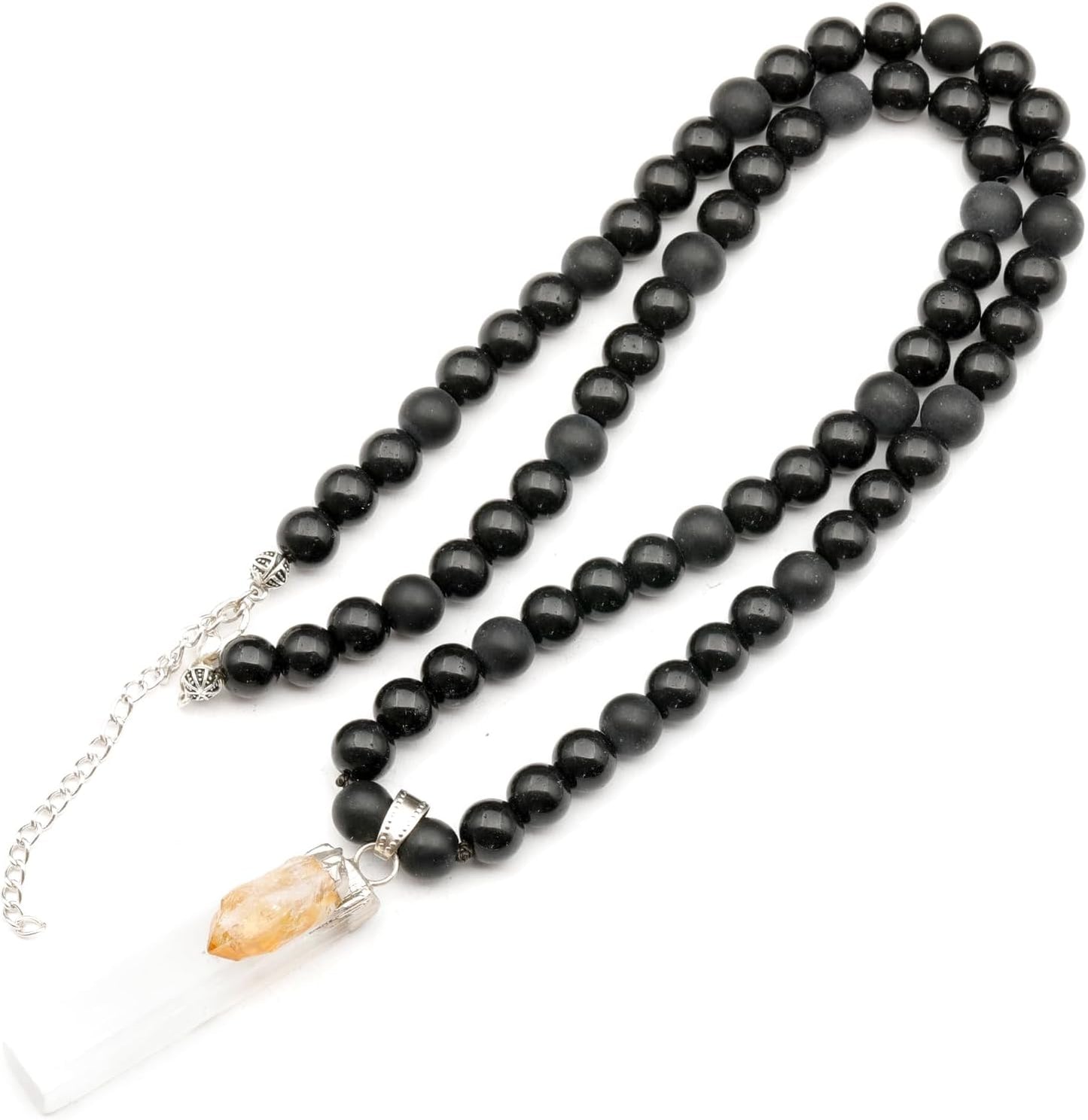 Natural Raw Tourmaline Pendant and Black Onyx Beaded Necklace