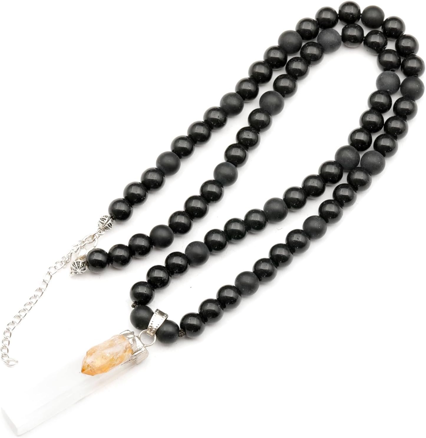 Natural Raw Tourmaline Pendant and Black Onyx Beaded Necklace