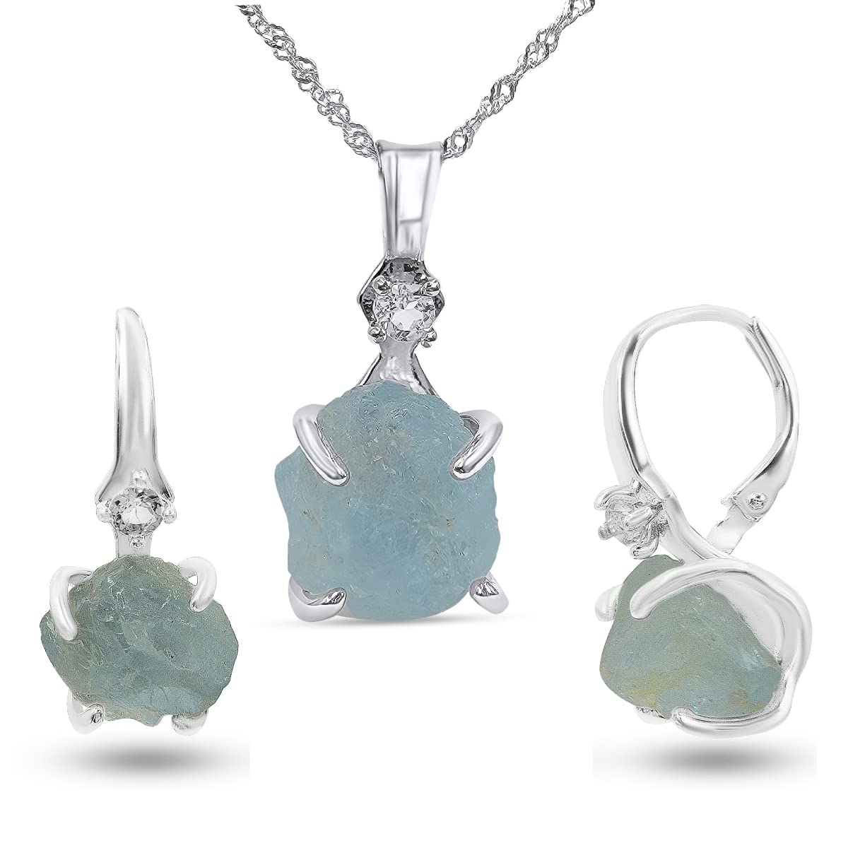 Real Raw Aquamarine Drop Earrings and Necklace Set for Her