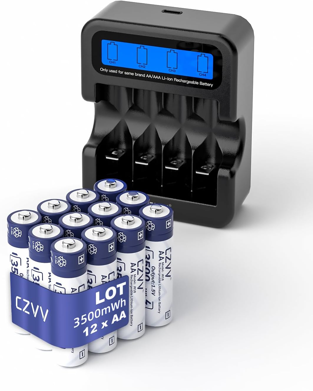 Rechargeable Lithium AA Batteries 12-Pack with LCD Charger