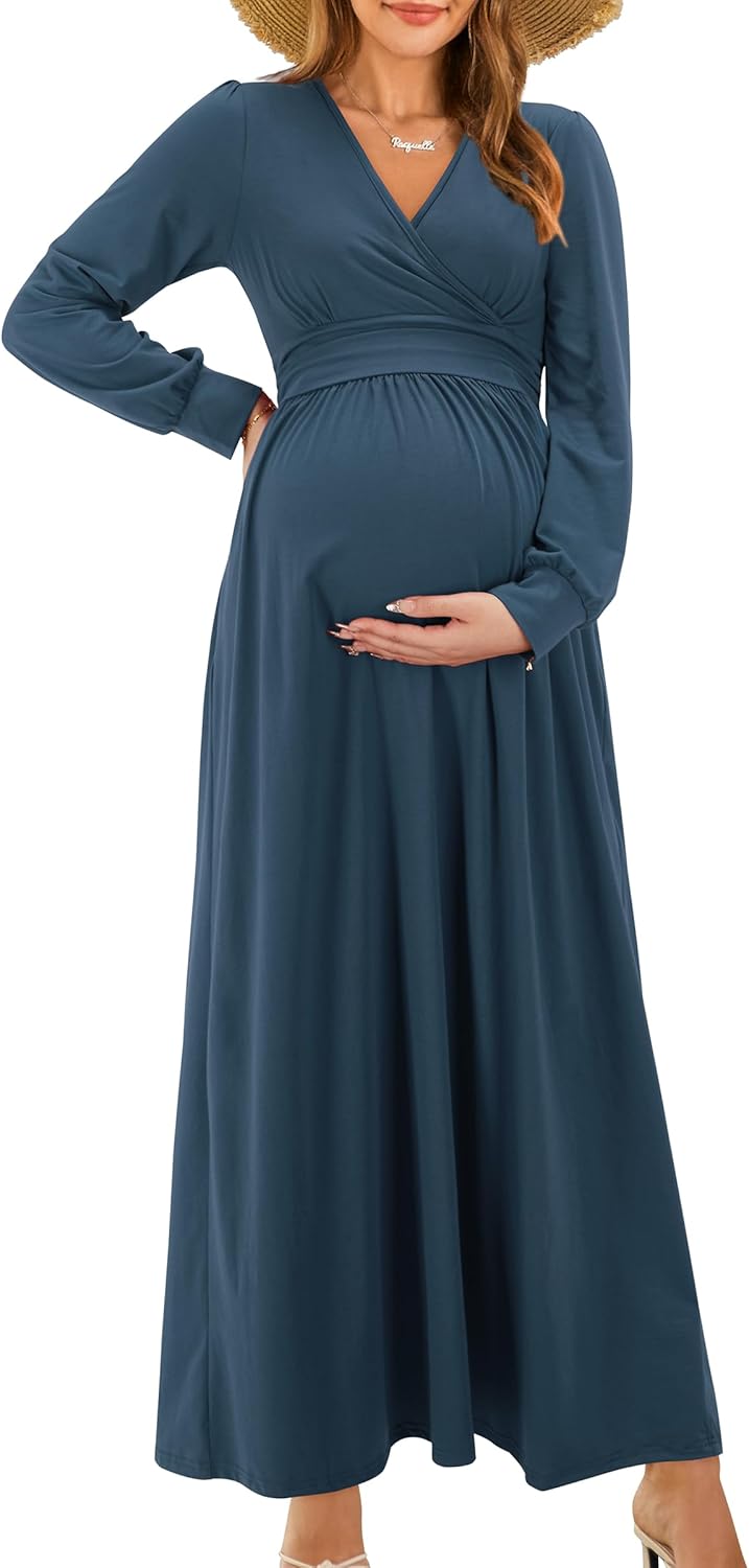 OUGES Fall Maternity Maxi Dress for Baby Shower and Photoshoot