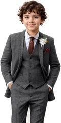 Boy Suit Tweed 3-Piece Herringbone Slim Fit Suit - Formal Youth Set