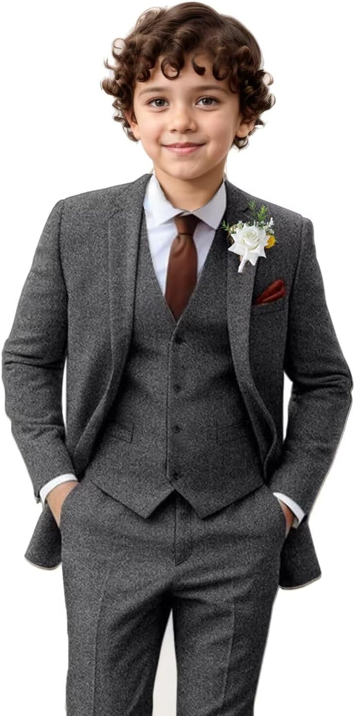 Boy Suit Tweed 3 Pieces Herringbone Slim Fit Formal Set