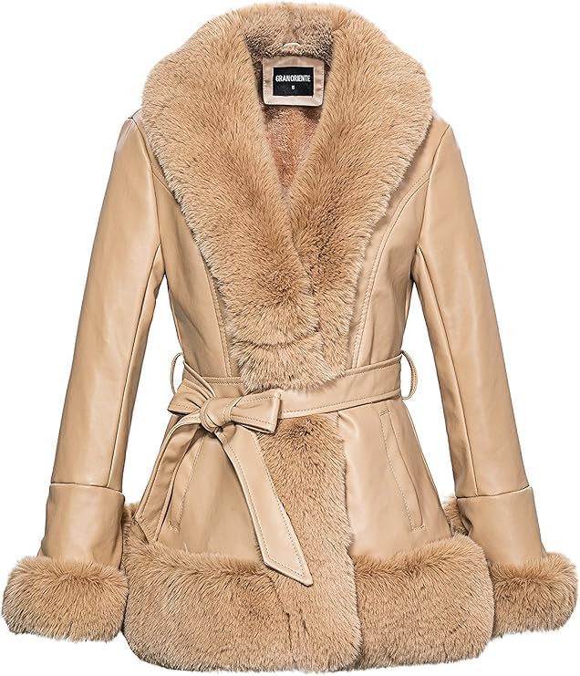 GRAN ORIENTE Women's Faux Leather Jacket with Fur Collar