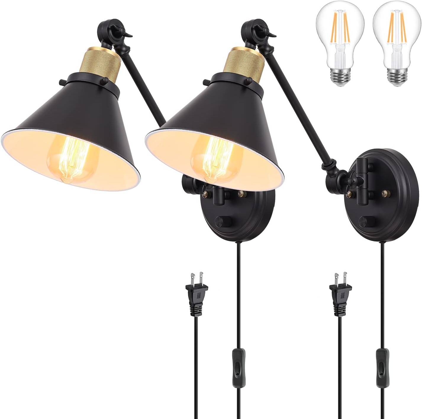 Dimmable Wall Sconce Plug in Set of 2 with Adjustable Arms