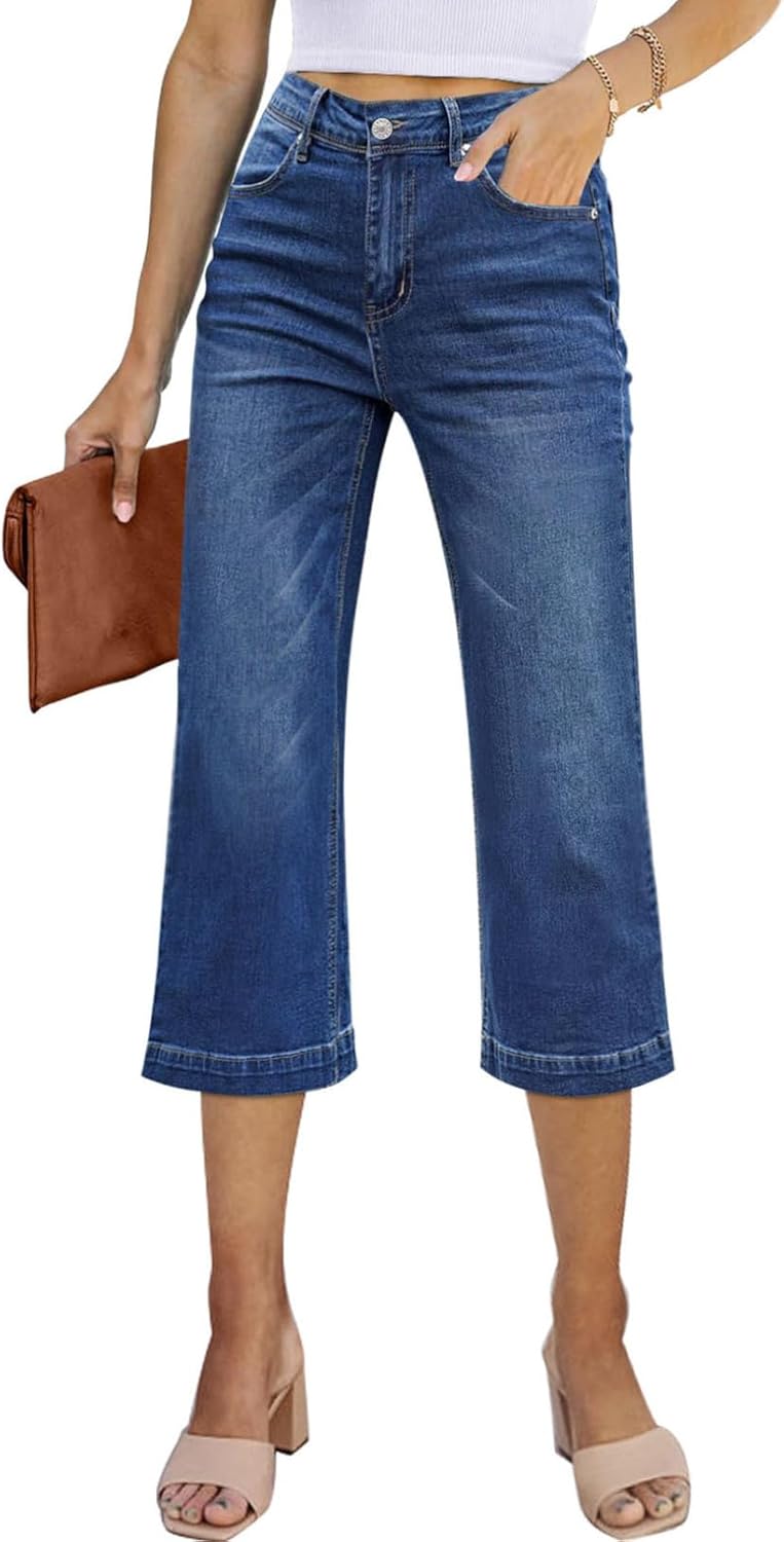 Wide Leg High Waisted Stretchy Capri Pants for Women