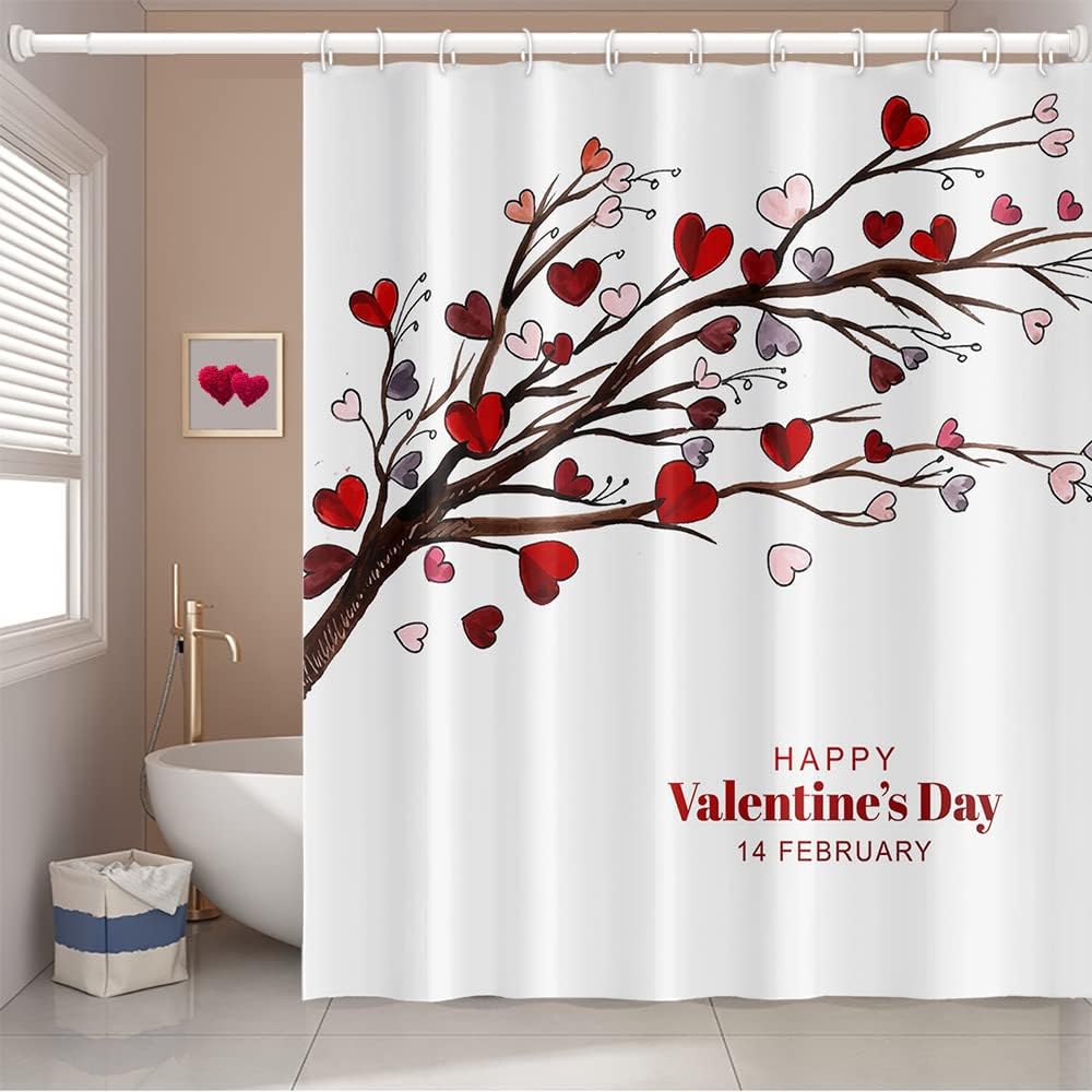 Romantic Red Love Heart Trees Shower Curtain - Waterproof, 72x72 Inch