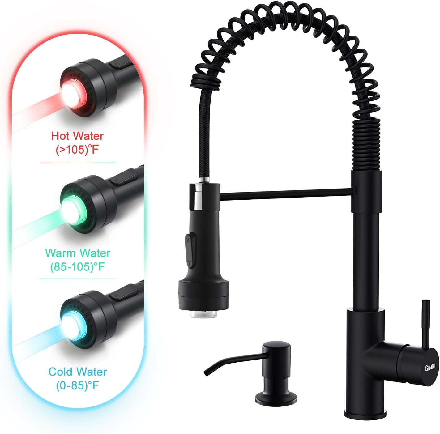 GIMILI Black Kitchen Faucet with LED Light and Soap Dispenser