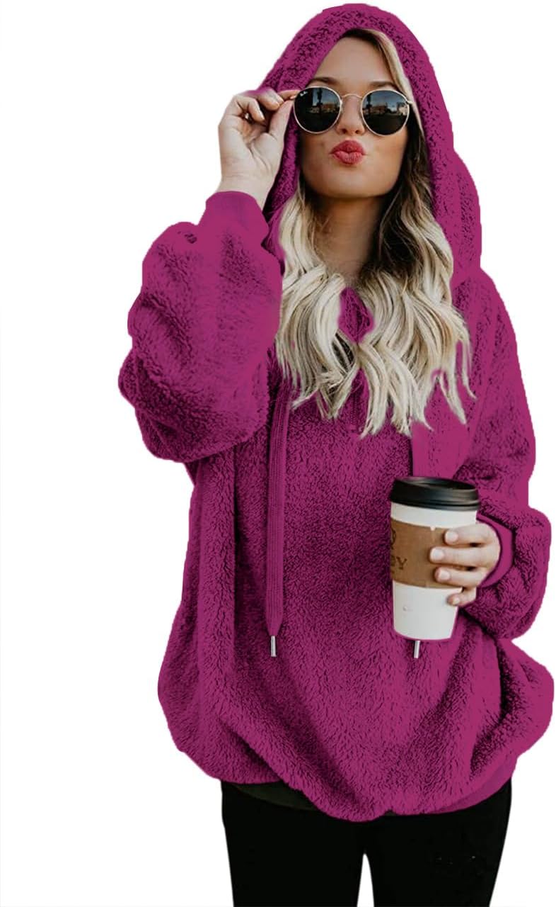 Women Casual Double Fuzzy Sweatshirt Cozy Zip Pullover Hoodies