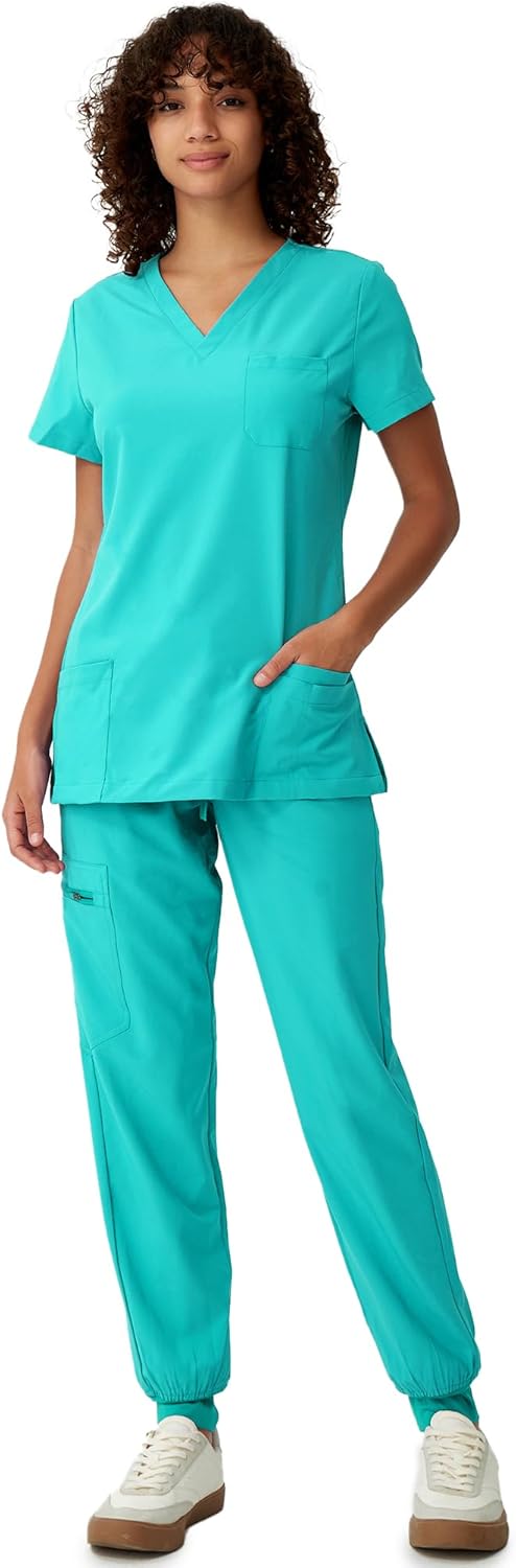 Women's V-Neck Scrubs Top & Cargo Pants Set with 10 Pockets