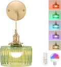 Battery Operated Wall Sconce with Green Striped Shade Pattern Glass