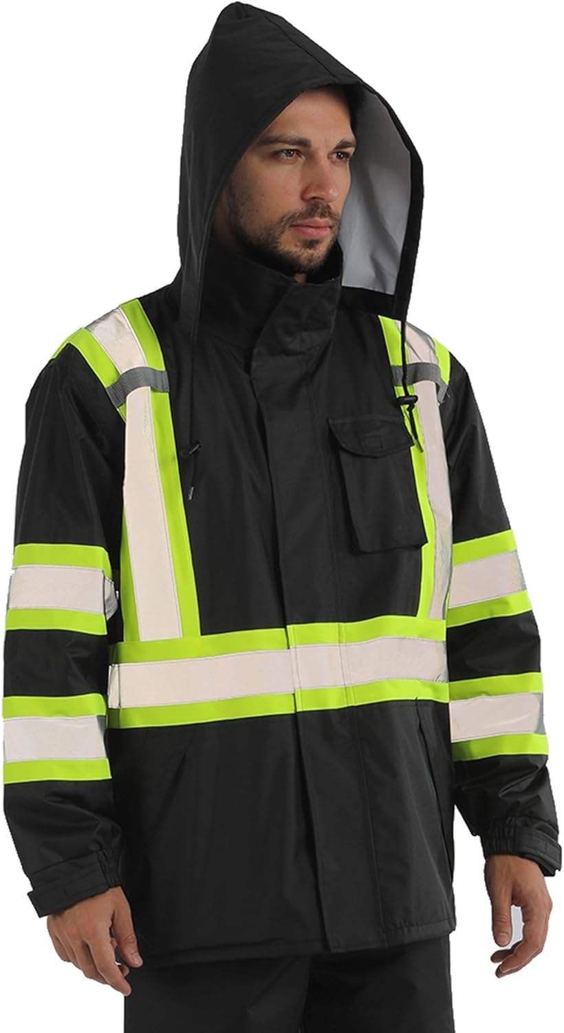 Hi Vis Rain Jacket for Men - Waterproof Rain Gear with Hood